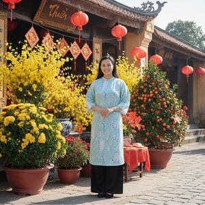 Floral Blue Traditional Vietnamese áo dài